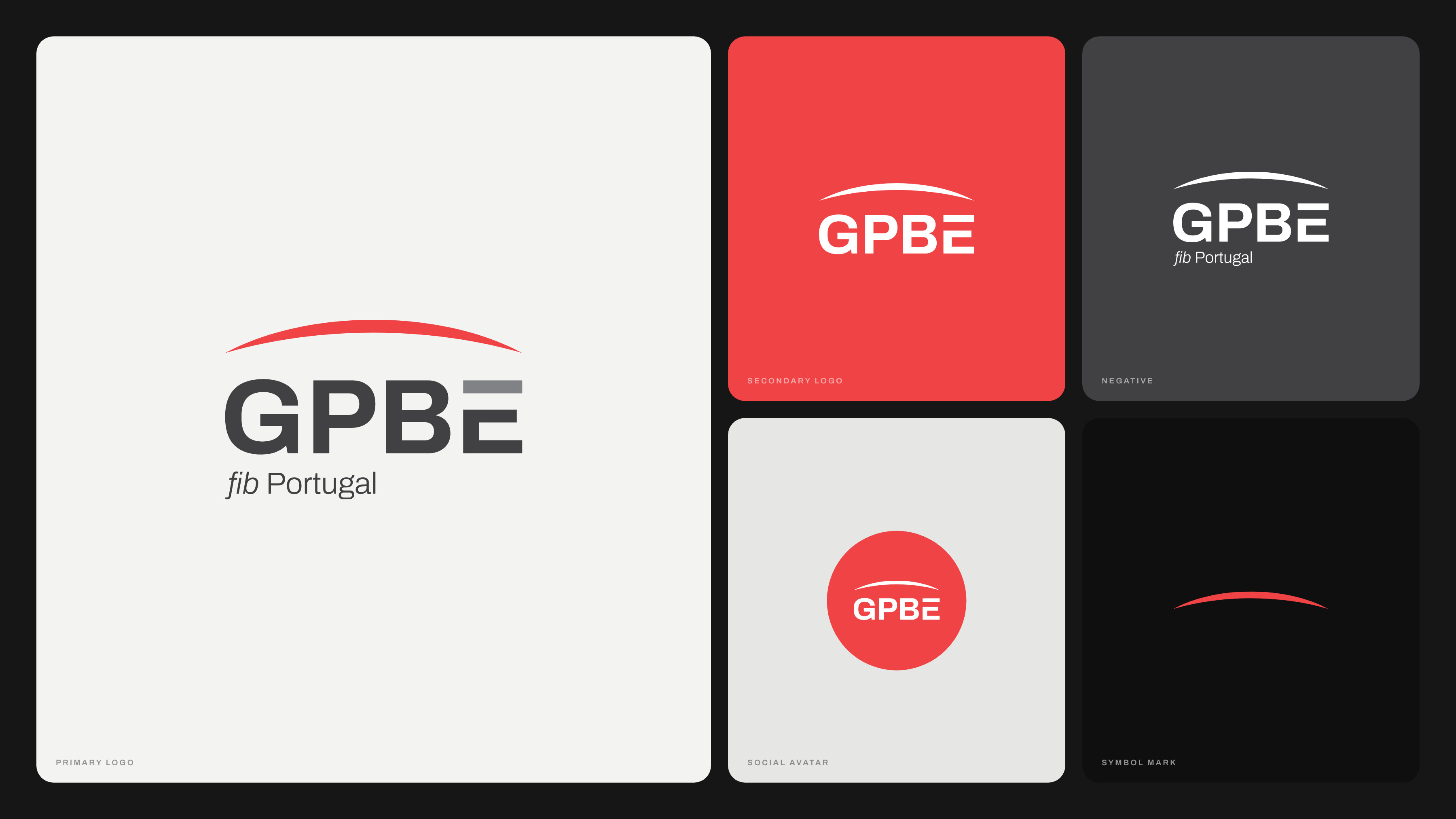GPBE logo system: primary logo, secondary logo, negative version, social avatar and symbol mark