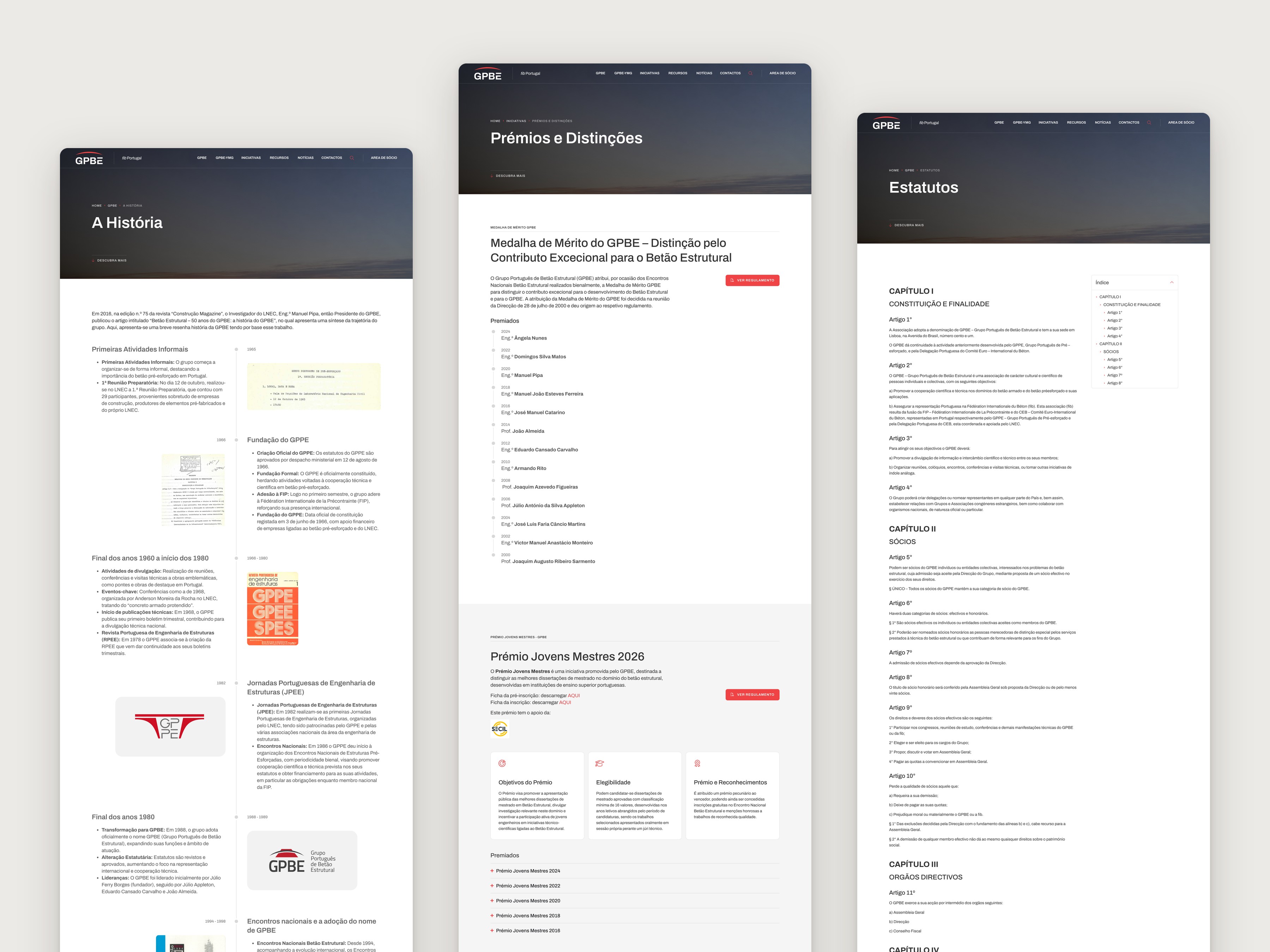 GPBE website pages: History, Awards and Distinctions, and Statutes