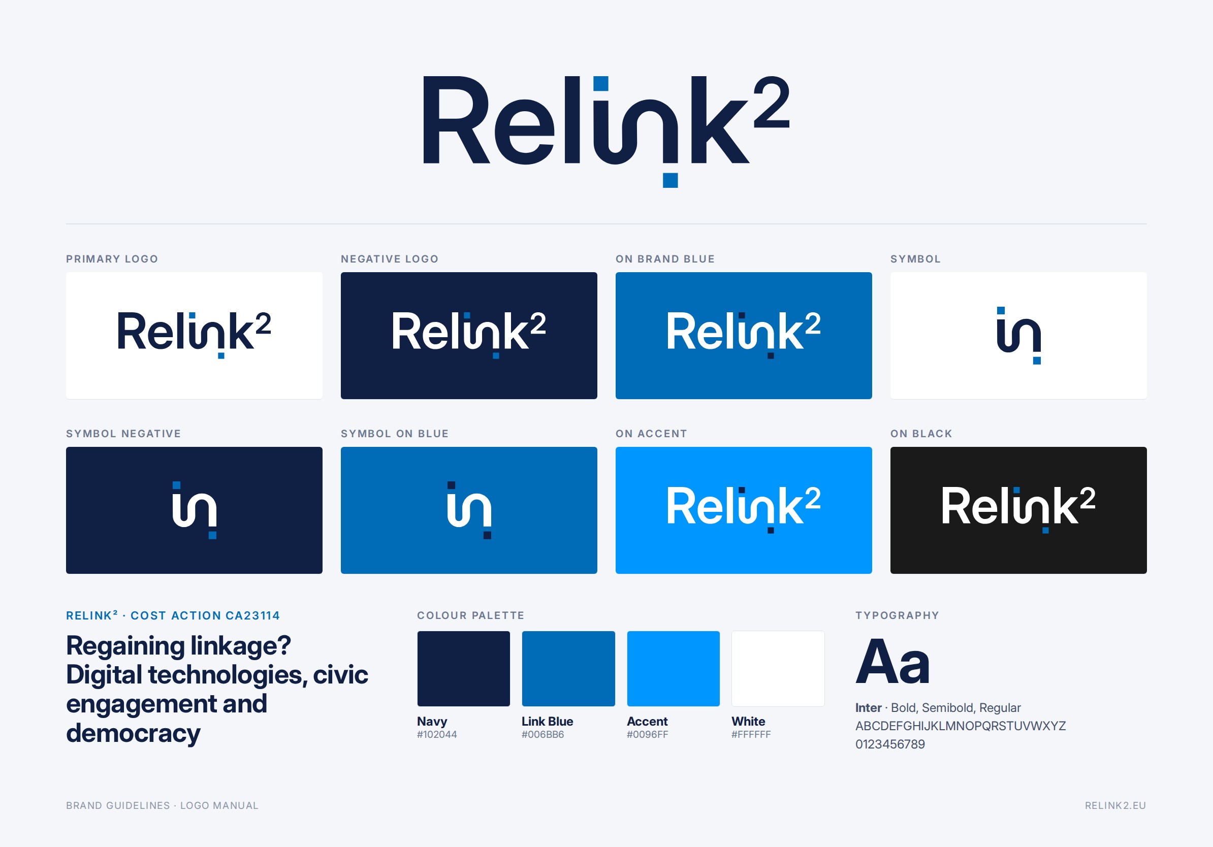 RELINK² brand guidelines: logo versions, colour palette and typography
