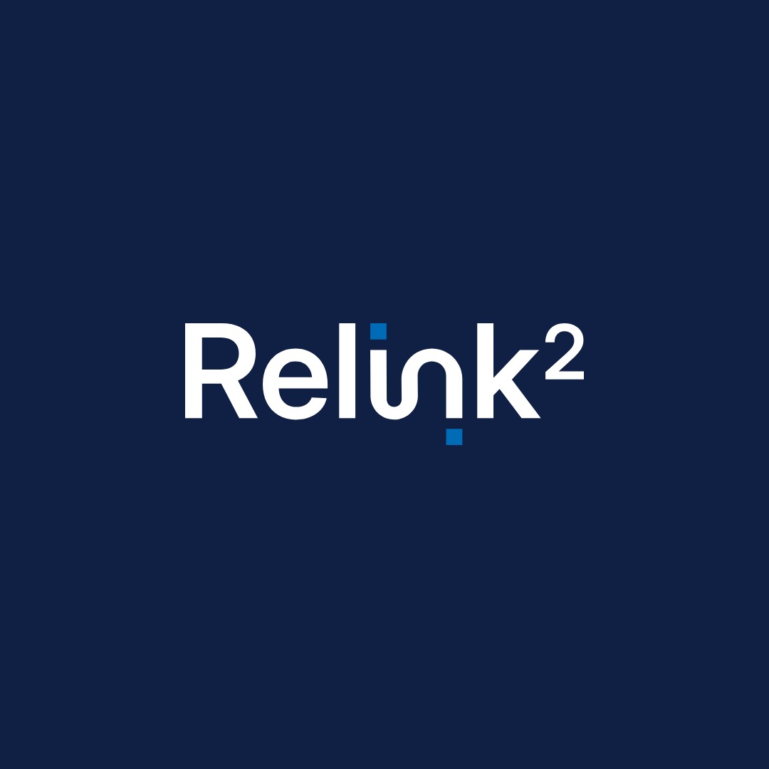RELINK² logo in white on navy