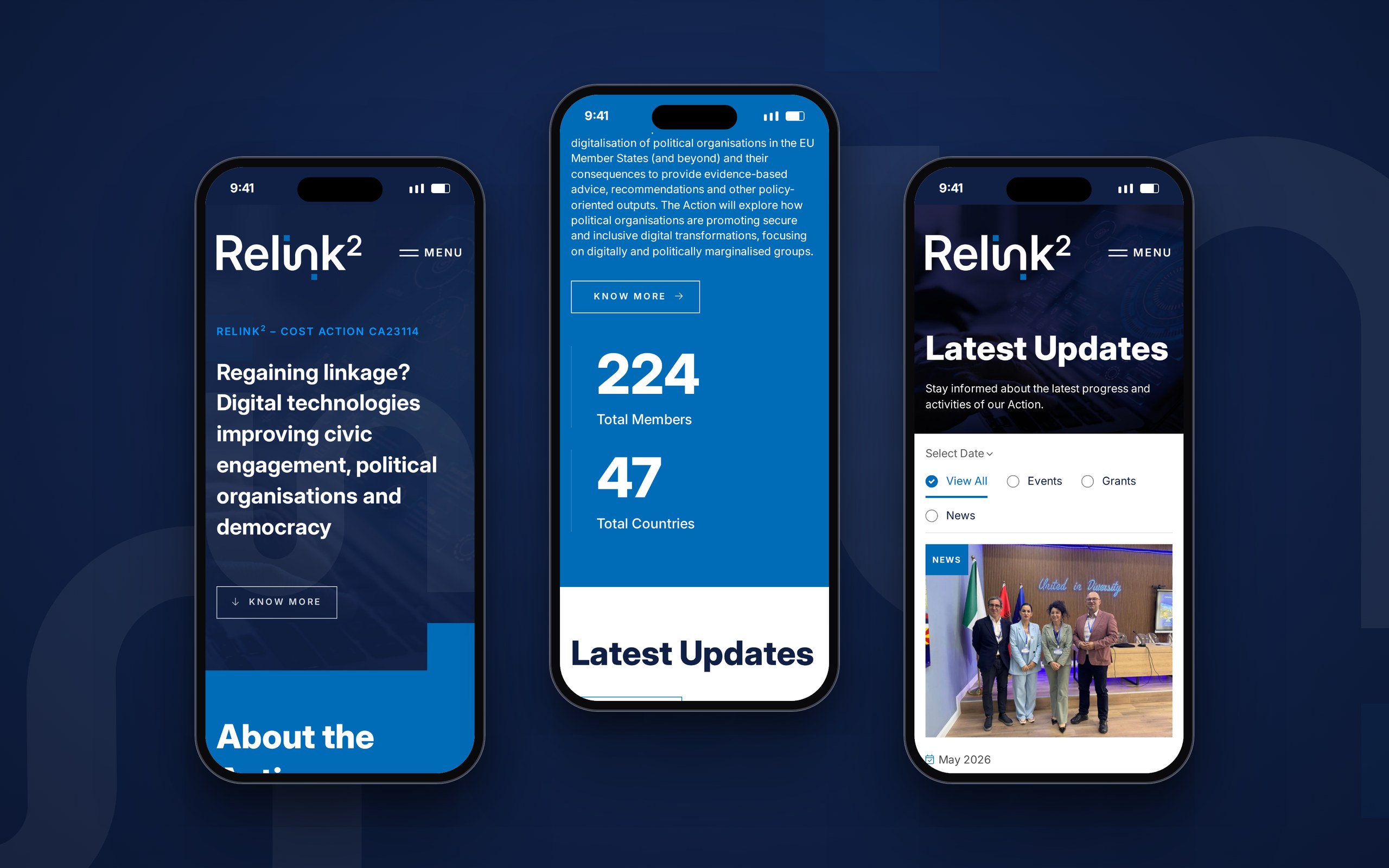 RELINK² website on three smartphones: homepage, key figures and latest updates