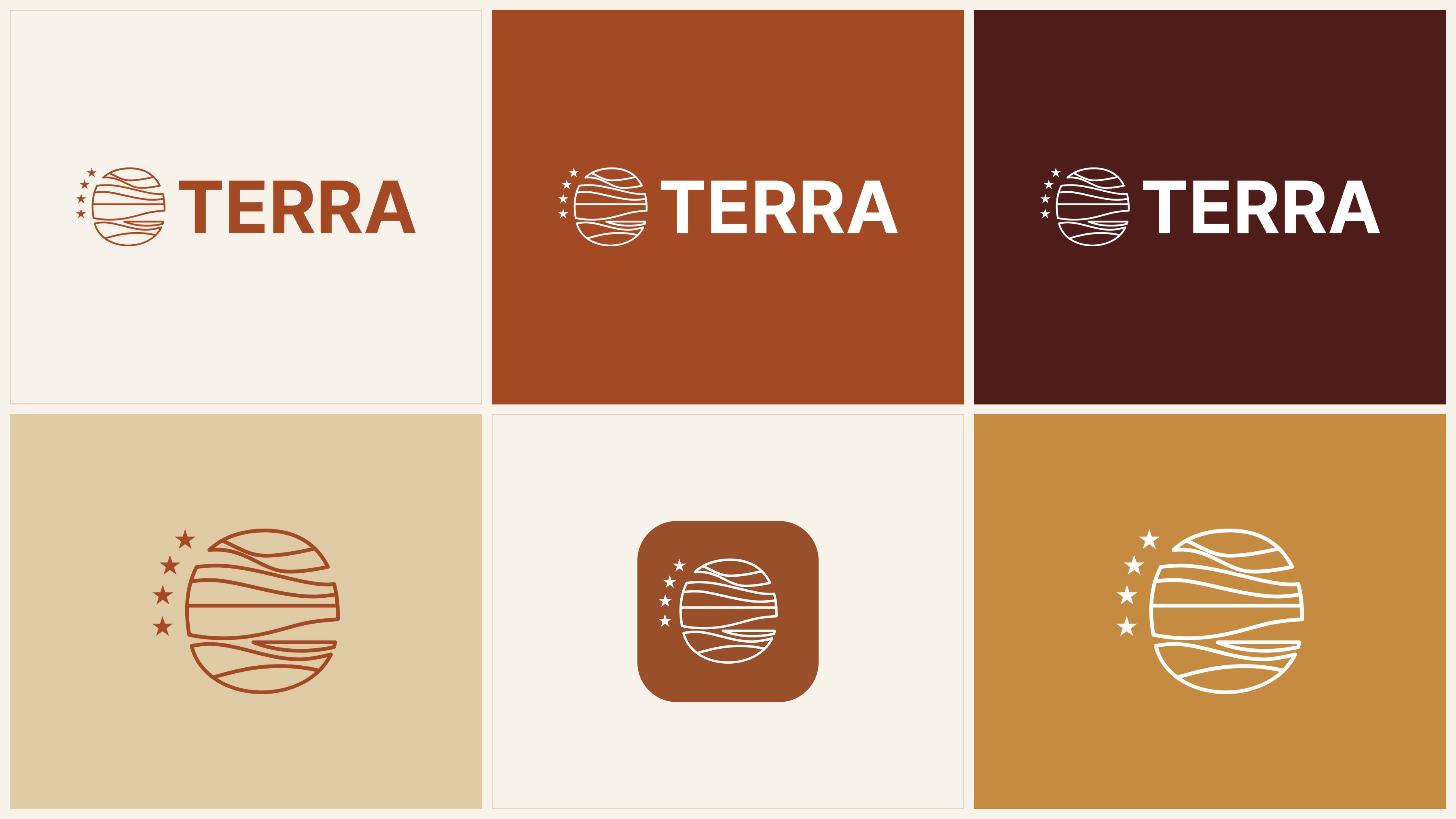TERRA logo system: primary, negative and symbol versions